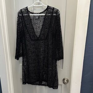 Sheer Black V-Neck Crochet Swim Cover-Up Tunic